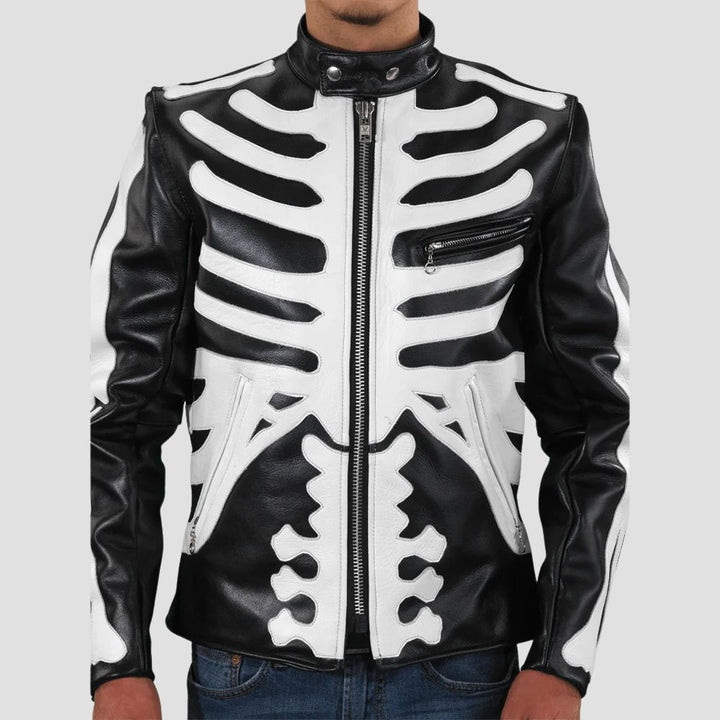 Make a bold statement with this black skeleton leather jacket, the perfect blend of edgy style and urban streetwear.