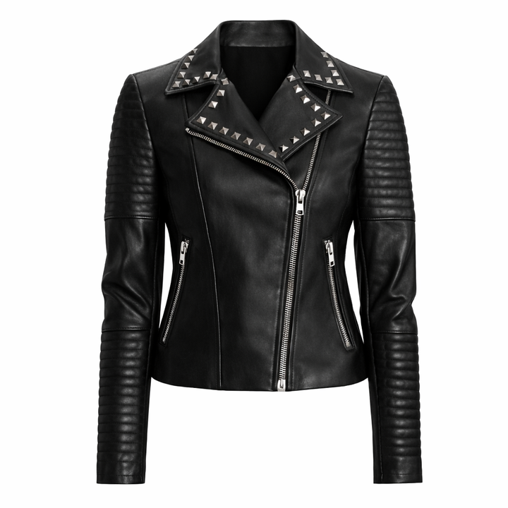 Black studded leather jacket with bold biker style