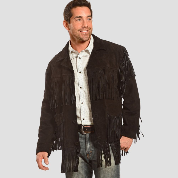 Elevate your western wardrobe with this classic black suede fringe jacket, designed for a bold and stylish look.