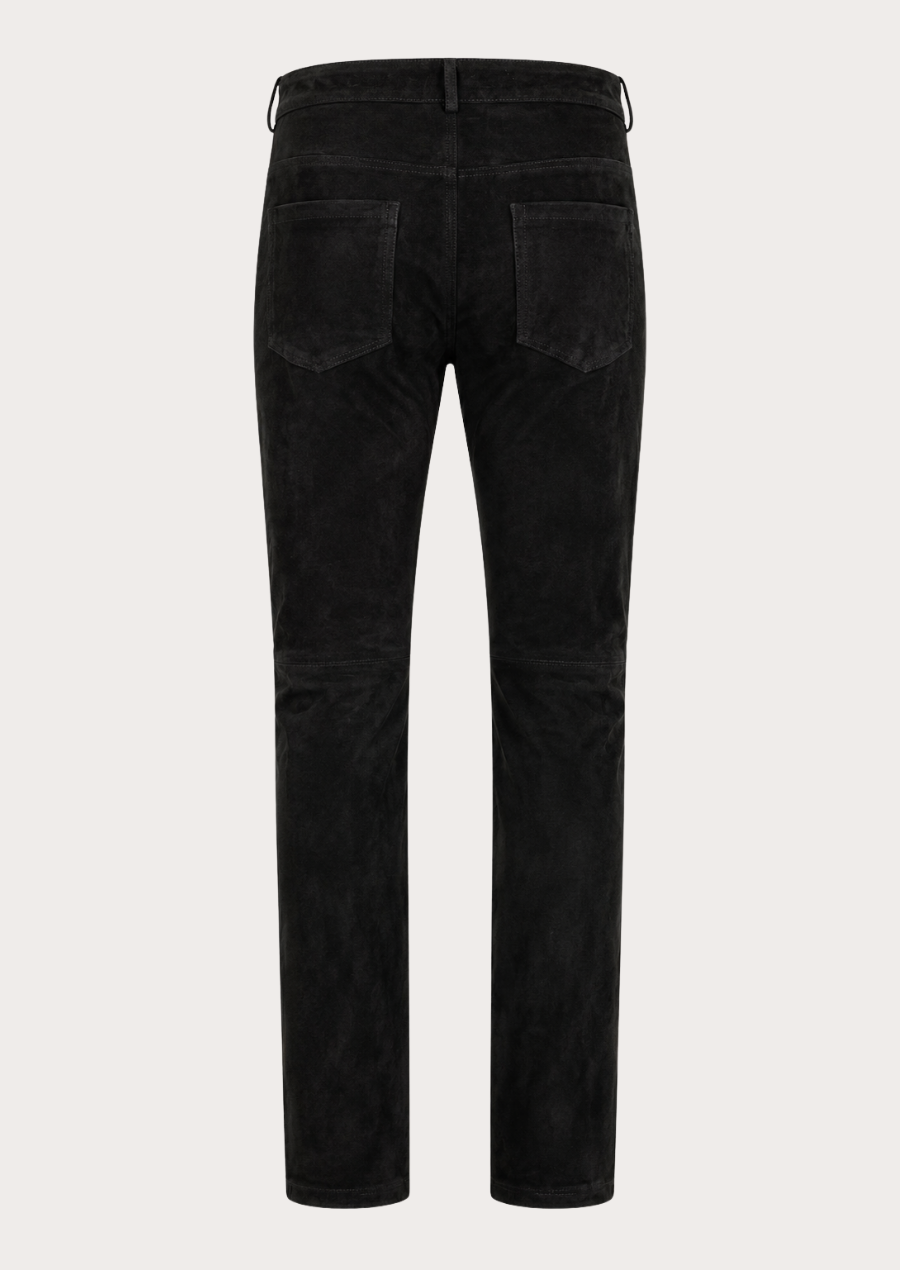 Black suede leather trousers featuring a soft velvety finish and timeless design