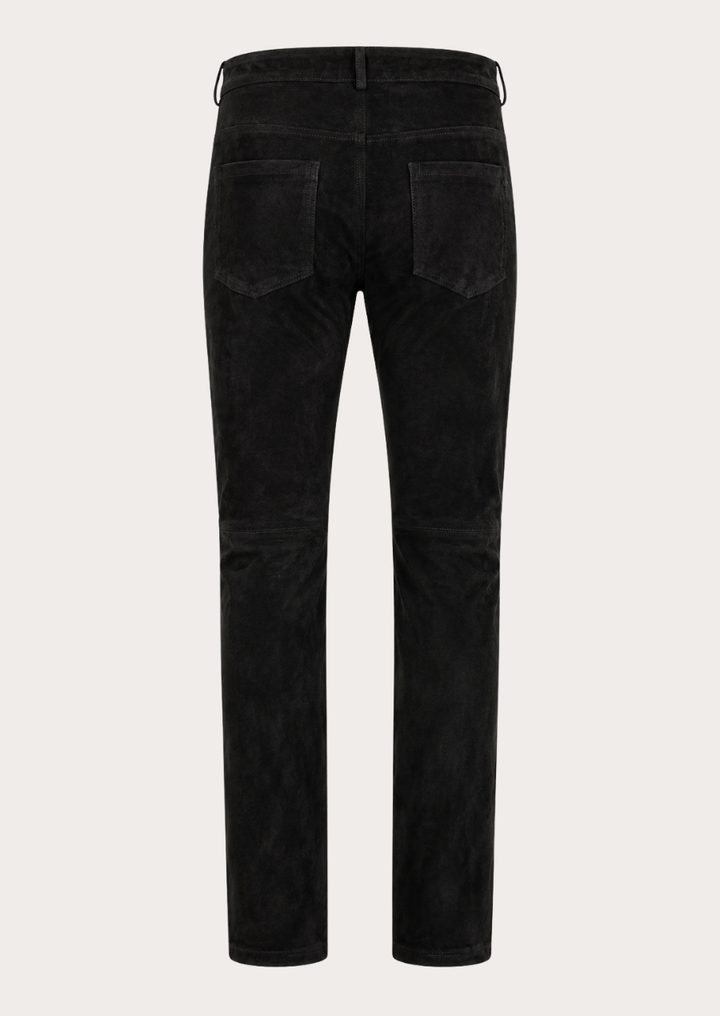 Black suede leather trousers featuring a soft velvety finish and timeless design