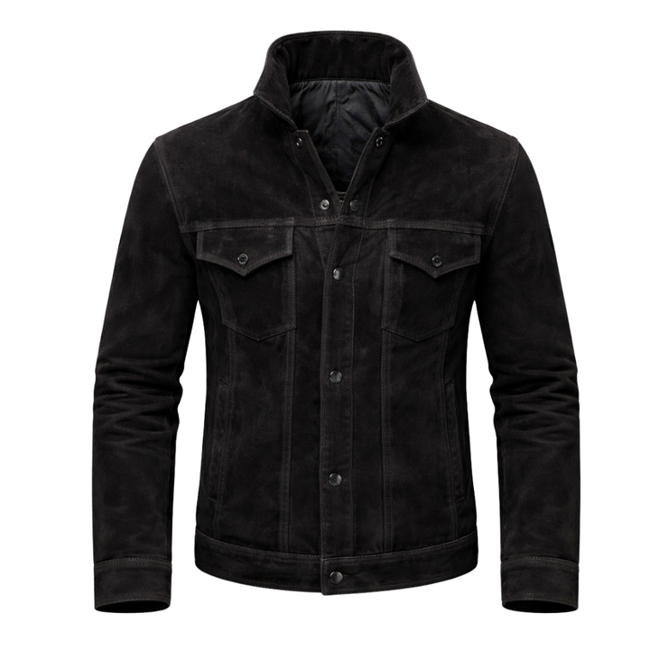 Black suede trucker jacket for men with classic styling