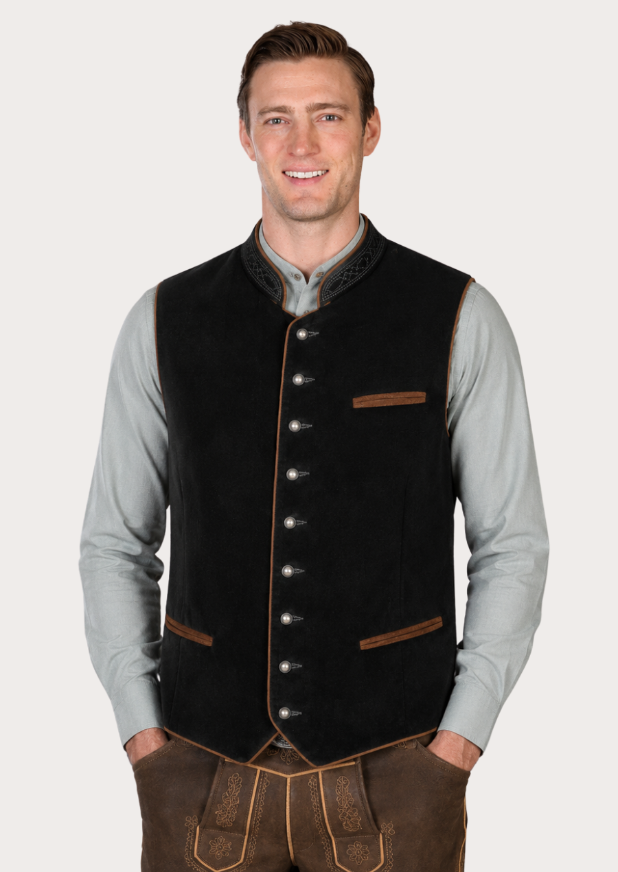 Black velvet Trachten vest featuring authentic Bavarian heritage styling