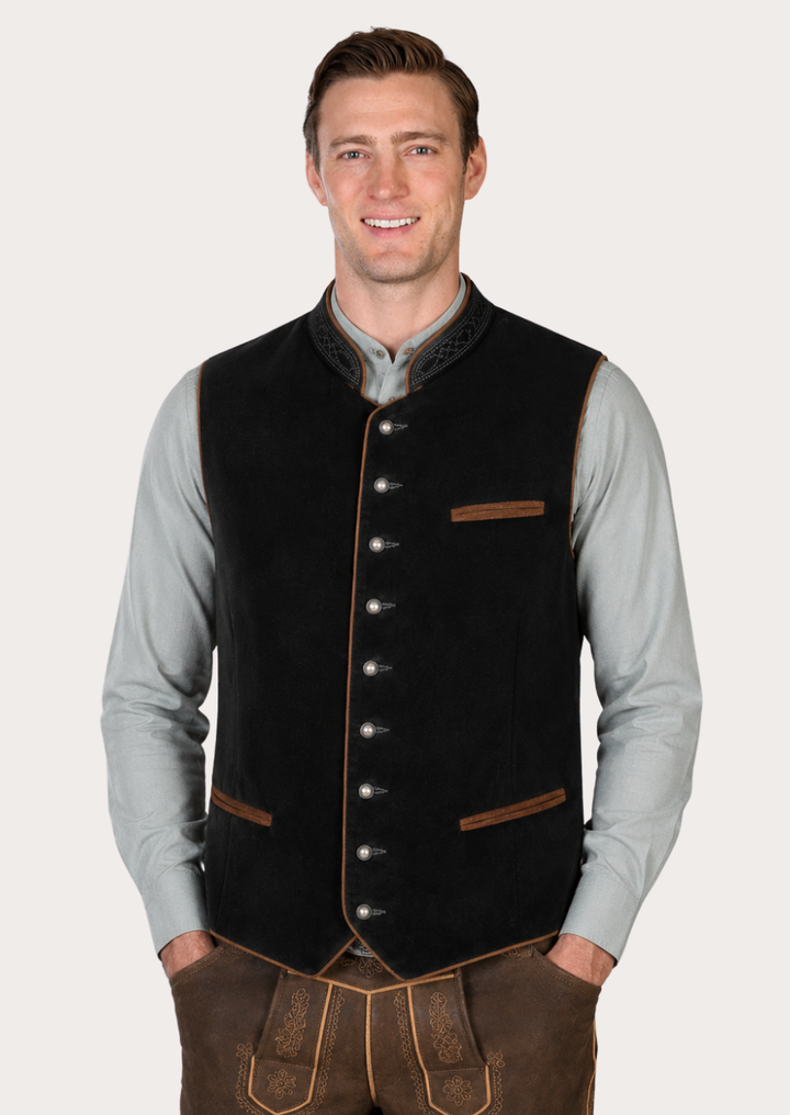 Black velvet Trachten vest featuring authentic Bavarian heritage styling