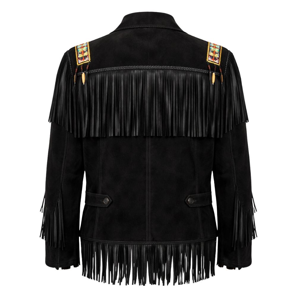 Black vintage western fringed leather jacket with cowgirl styling