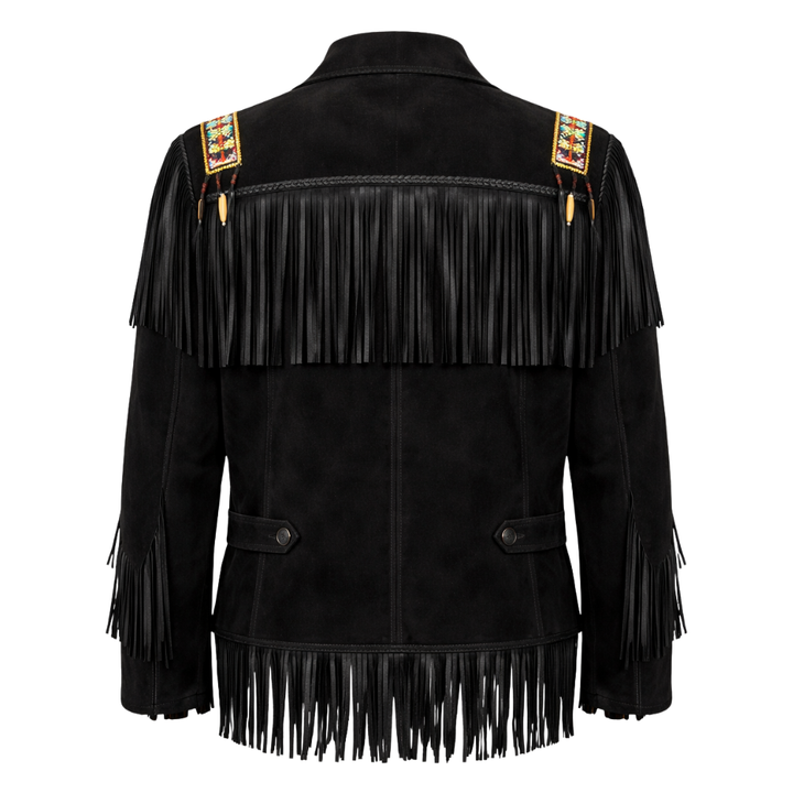 Black vintage western fringed leather jacket with cowgirl styling