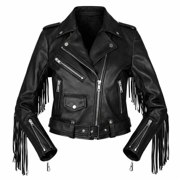 Black western leather motorcycle jacket with classic styling