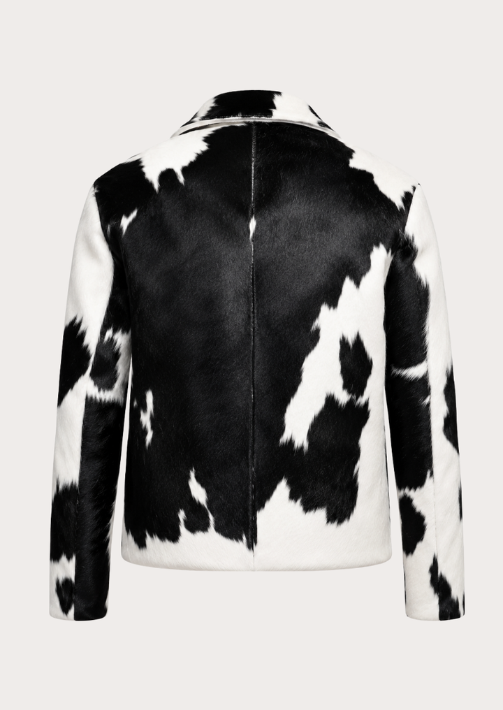 Black and white cowhide fur hide coat crafted from genuine leather