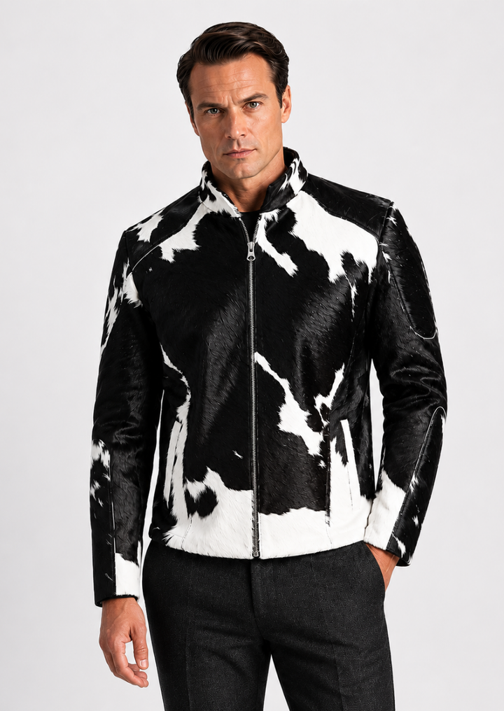 Authentic hair on hide cowhide leather jacket for men with western design