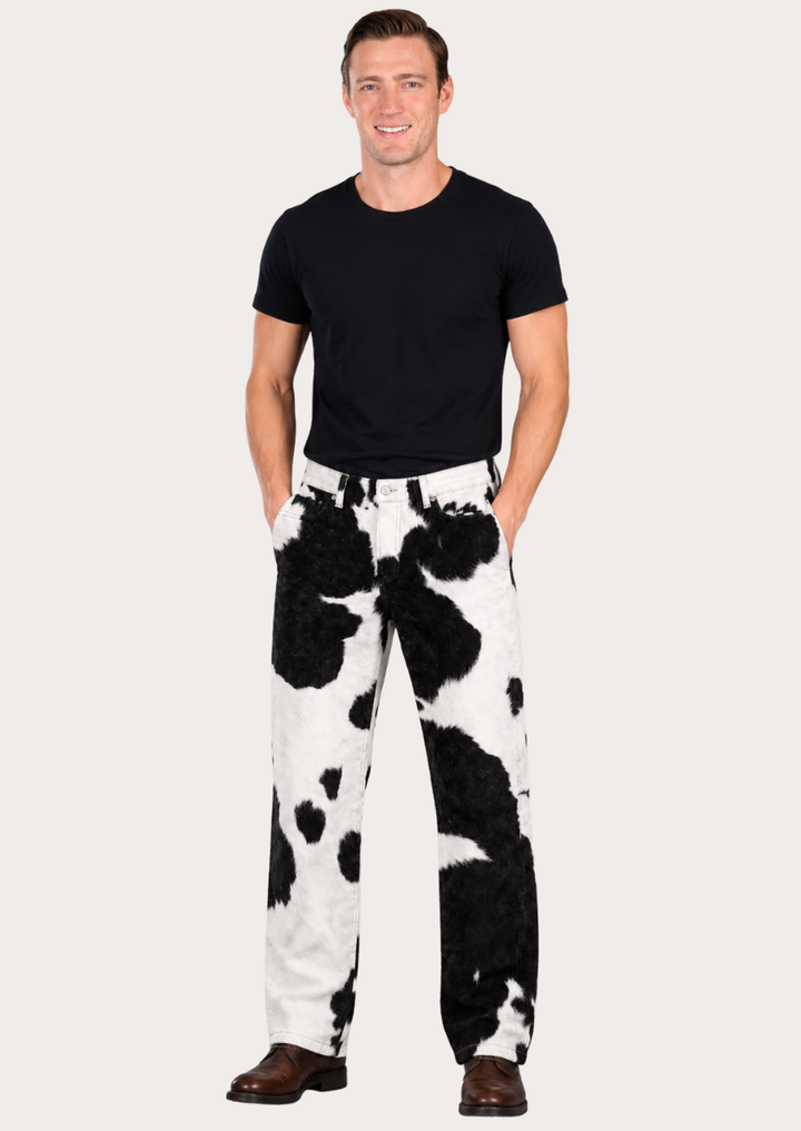 Black and white cowhide leather pants with authentic Western hair-on hide design for men