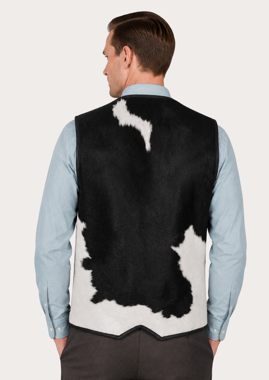 Black and white Holstein cowhide Western vest with button-front closure and V-neck design