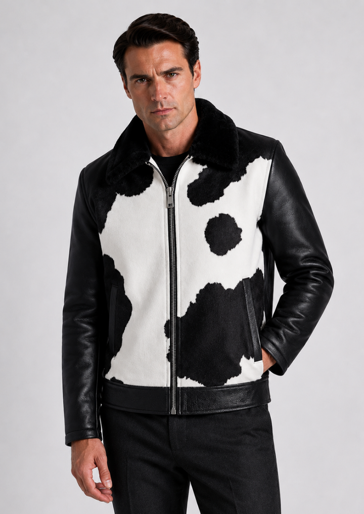 Hair on hide cowhide leather bomber jacket with warm fur collar