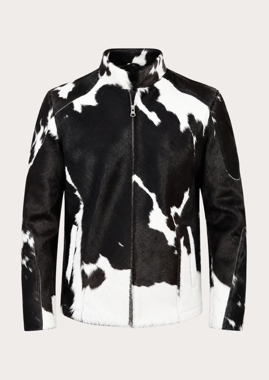 Black and white hair on hide cowhide fur jacket for men western style