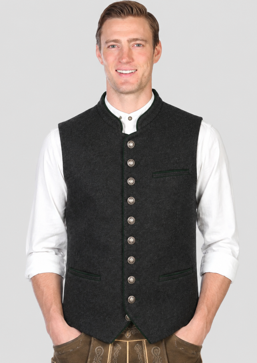 Black Wool Trachten German Vest for Men in Traditional Bavarian Style