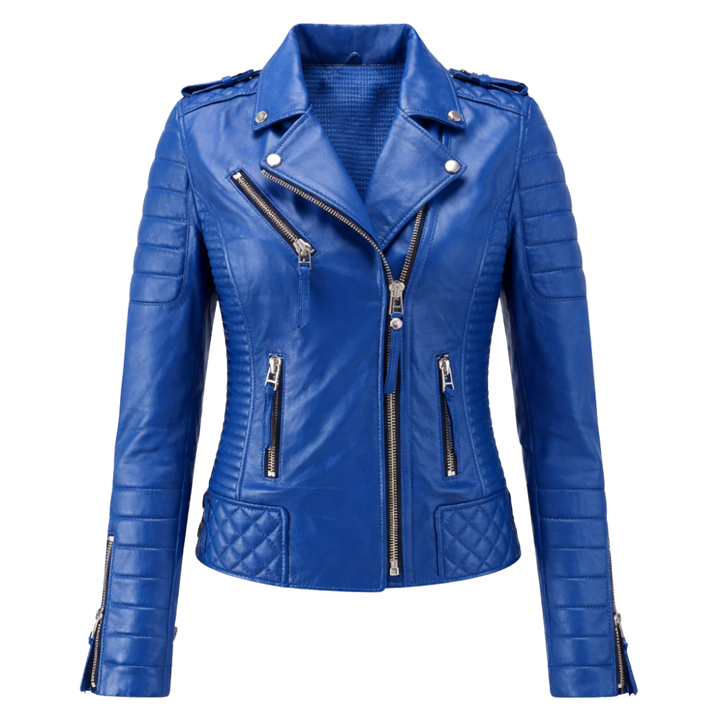 Blue leather biker jacket for women with modern moto style