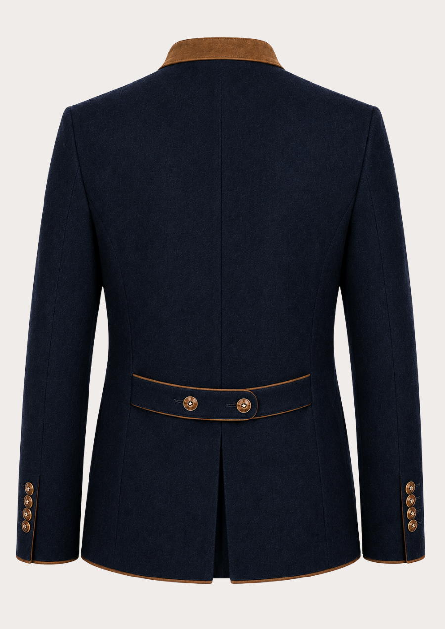 Elegant blue Trachten jacket for men inspired by authentic Alpine heritage fashion