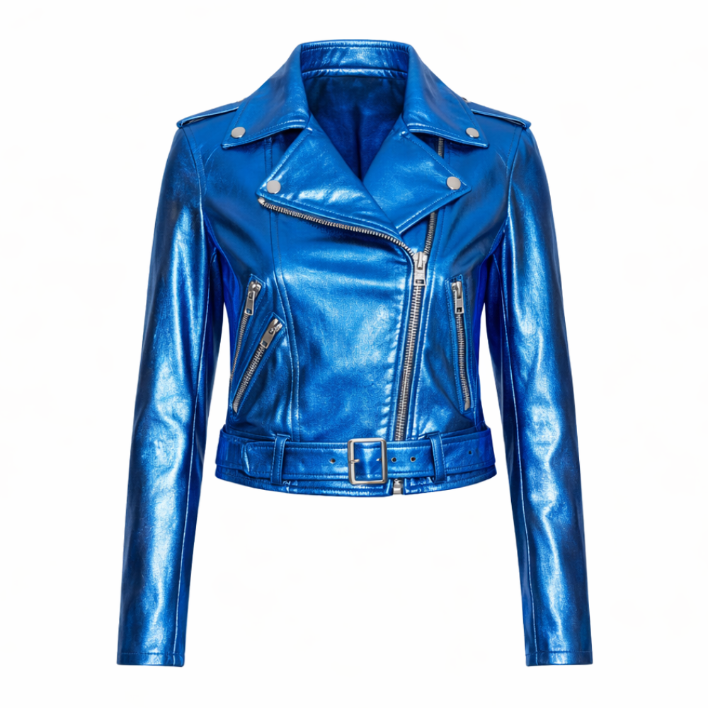 Blue metallic leather jacket for women with modern fashion style
