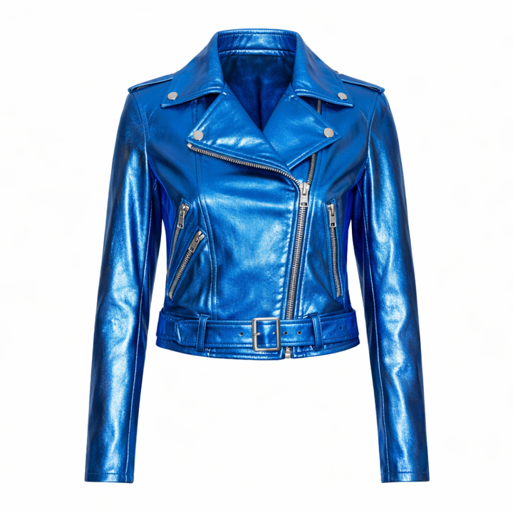 Blue metallic leather jacket for women with modern fashion style