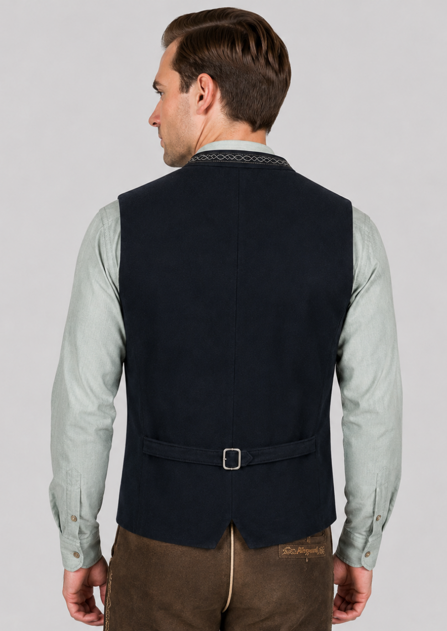 Traditional Oktoberfest waistcoat for men combining rich velvet fabric and embroidered collar details