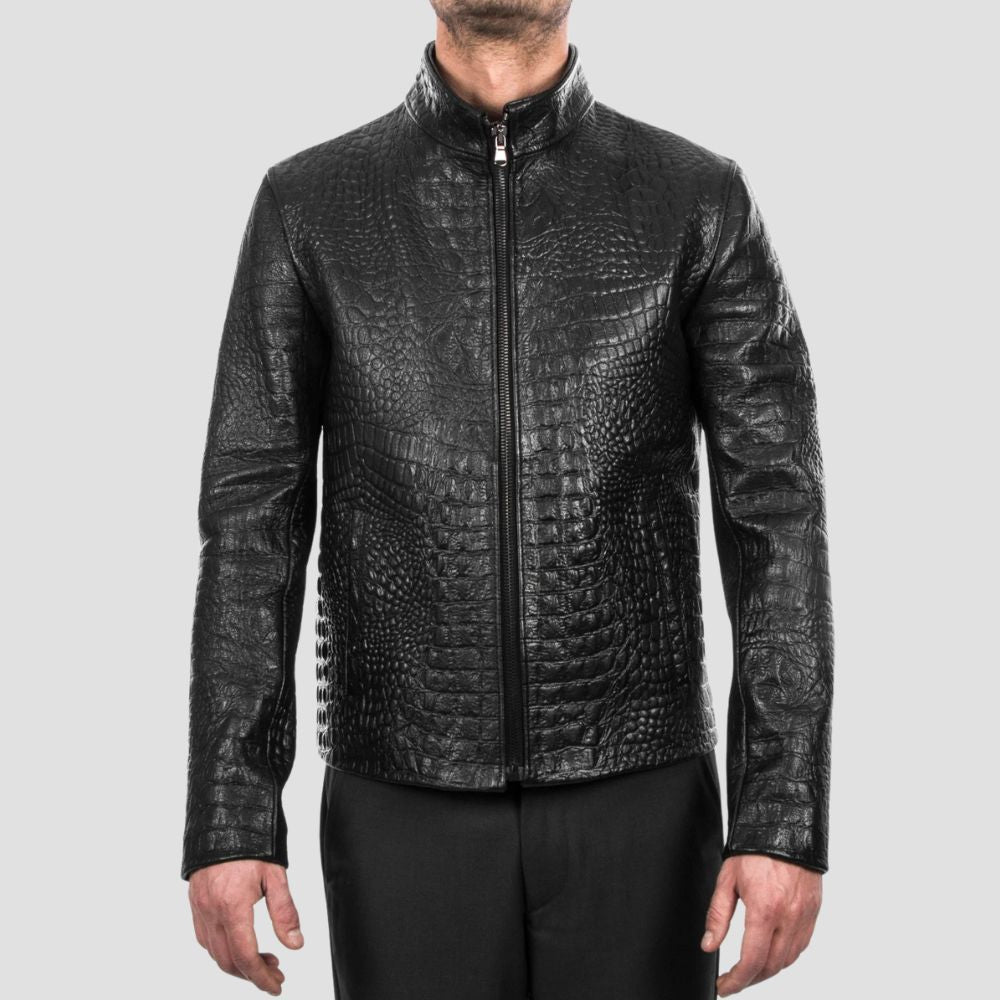 Stylish black crocodile leather jacket for everyday wear.