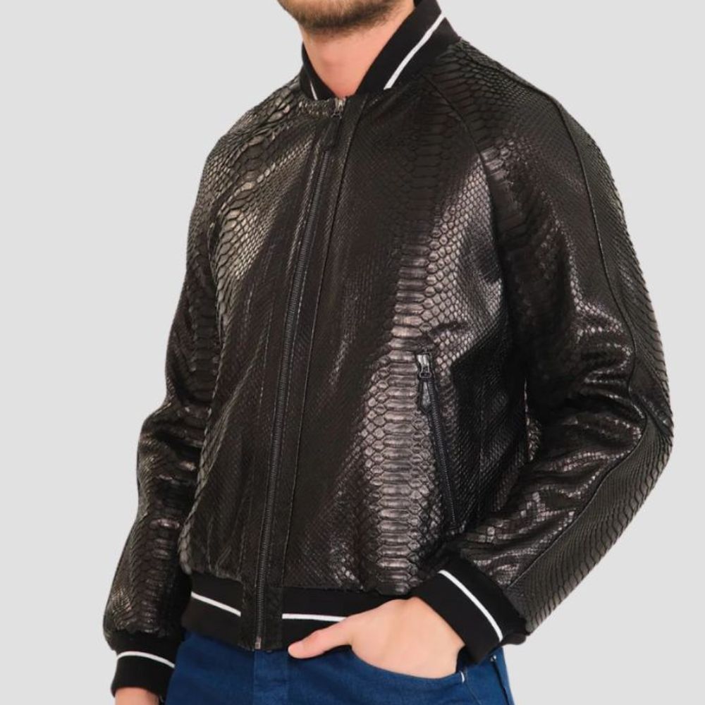 Bold black python leather jacket for men - exotic and premium outerwear 