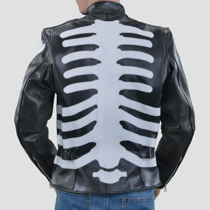 Elevate your streetwear game with this bold black skeleton leather jacket, perfect for adding an edgy vibe to any outfit.