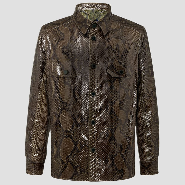 Add a daring twist to your wardrobe with this snakeskin leather shirt, a must-have for men who love bold and unique fashion.