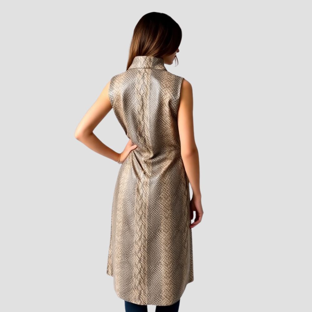 A bold snakeskin trench leather vest for women, perfect for layering over your favorite outfits to enhance your personal style with a unique edge.