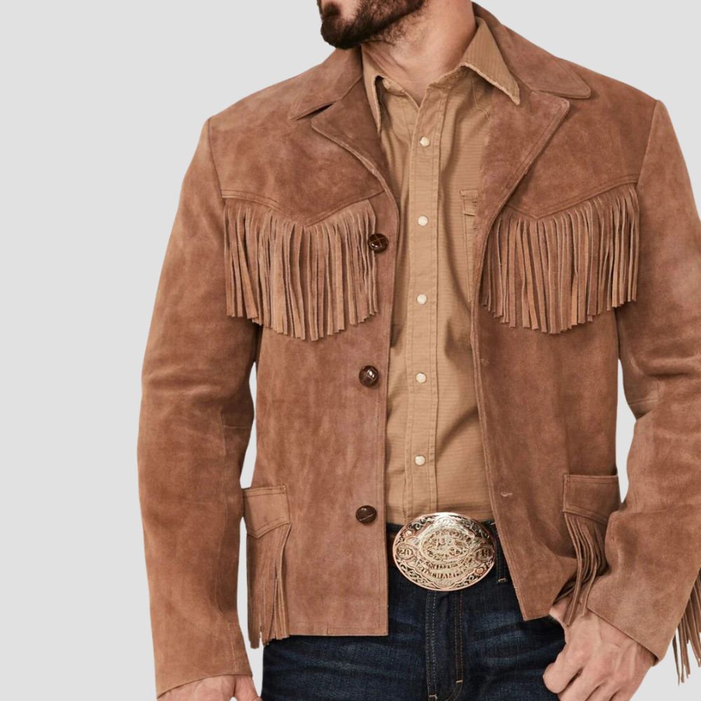 Make a bold impression with this suede fringe leather jacket, the ultimate piece for men looking to embrace western style.