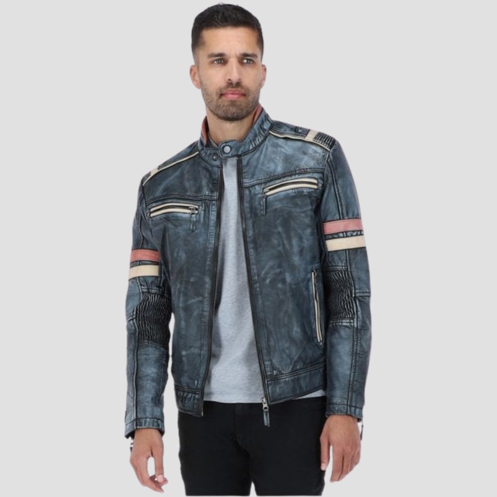 Vintage leather biker jacket for men with distressed look.
