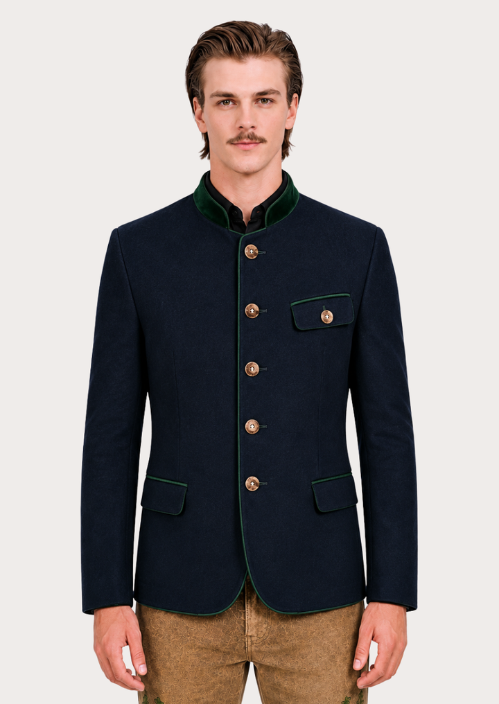 Braumeister Merino Wool Navy Trachten Jacket for men with forest green velvet collar