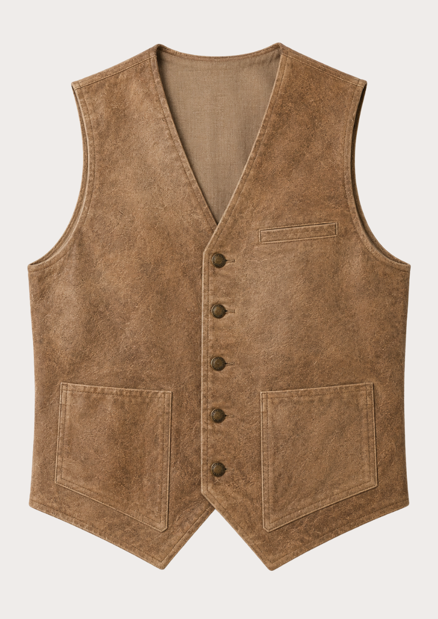 Heritage brown Western vest with sleeveless fit and durable construction.