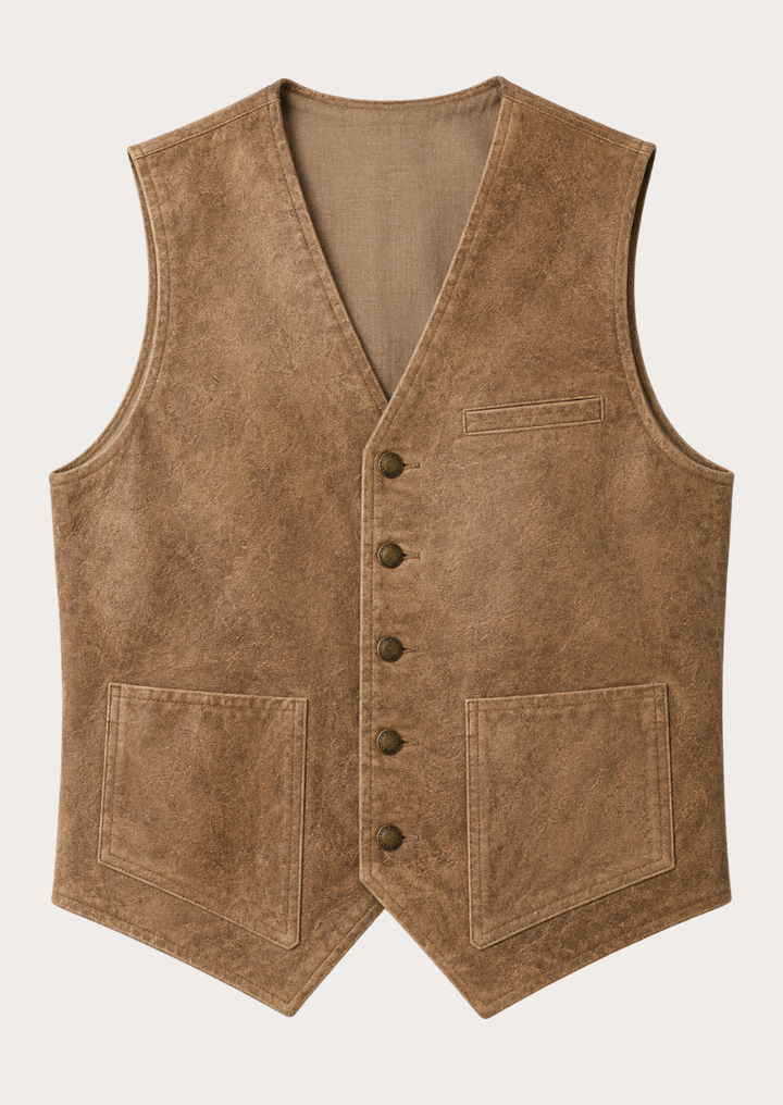 Heritage brown Western vest with sleeveless fit and durable construction.