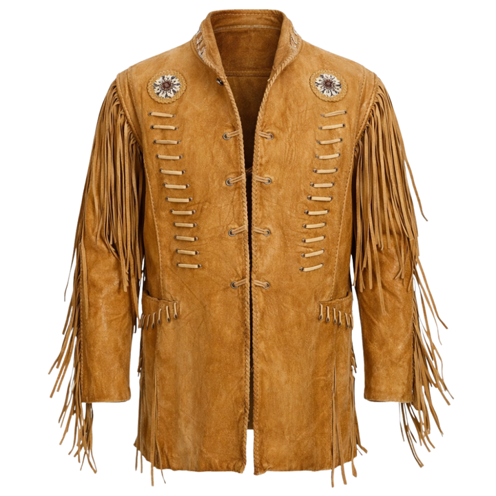 Brown distressed leather fringe jacket with vintage tassel details