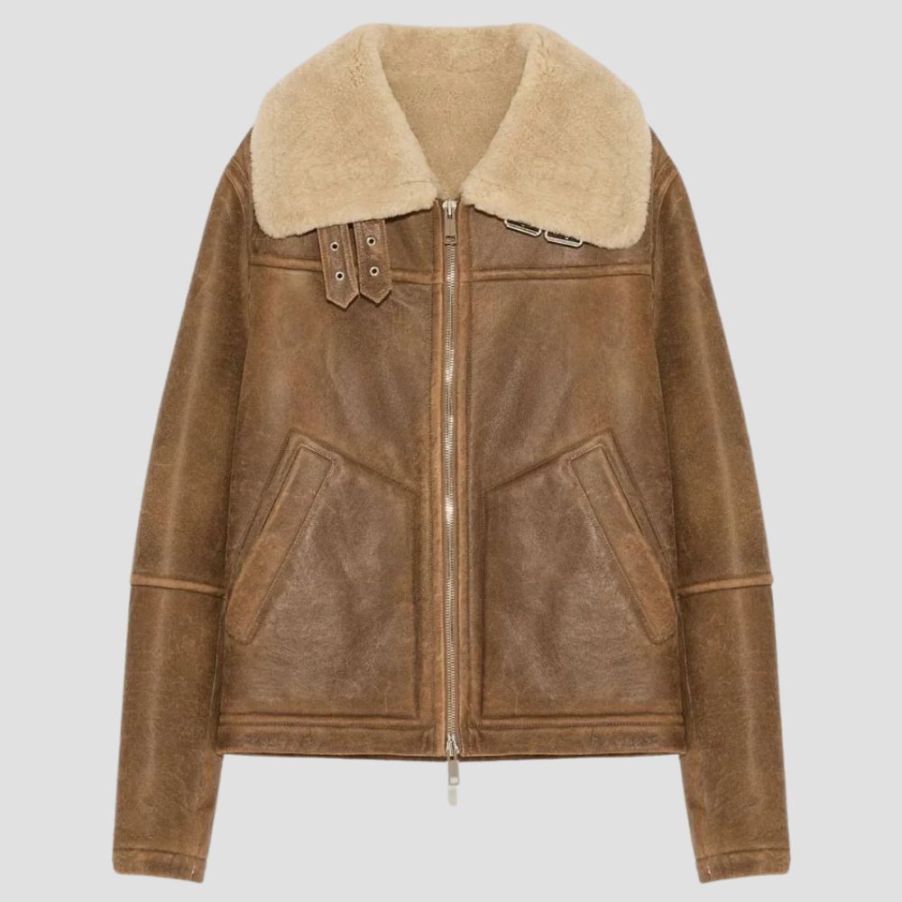 Stay warm and stylish this winter with this brown fur leather jacket, designed for ultimate comfort and classic fashion.