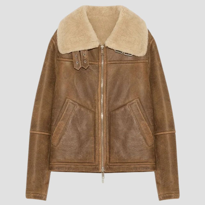 Stay warm and stylish this winter with this brown fur leather jacket, designed for ultimate comfort and classic fashion.