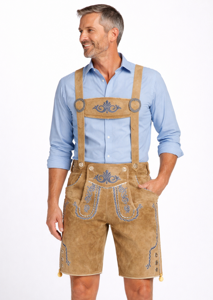 Brown Goat Suede Lederhosen with Floral Embroidery for Men