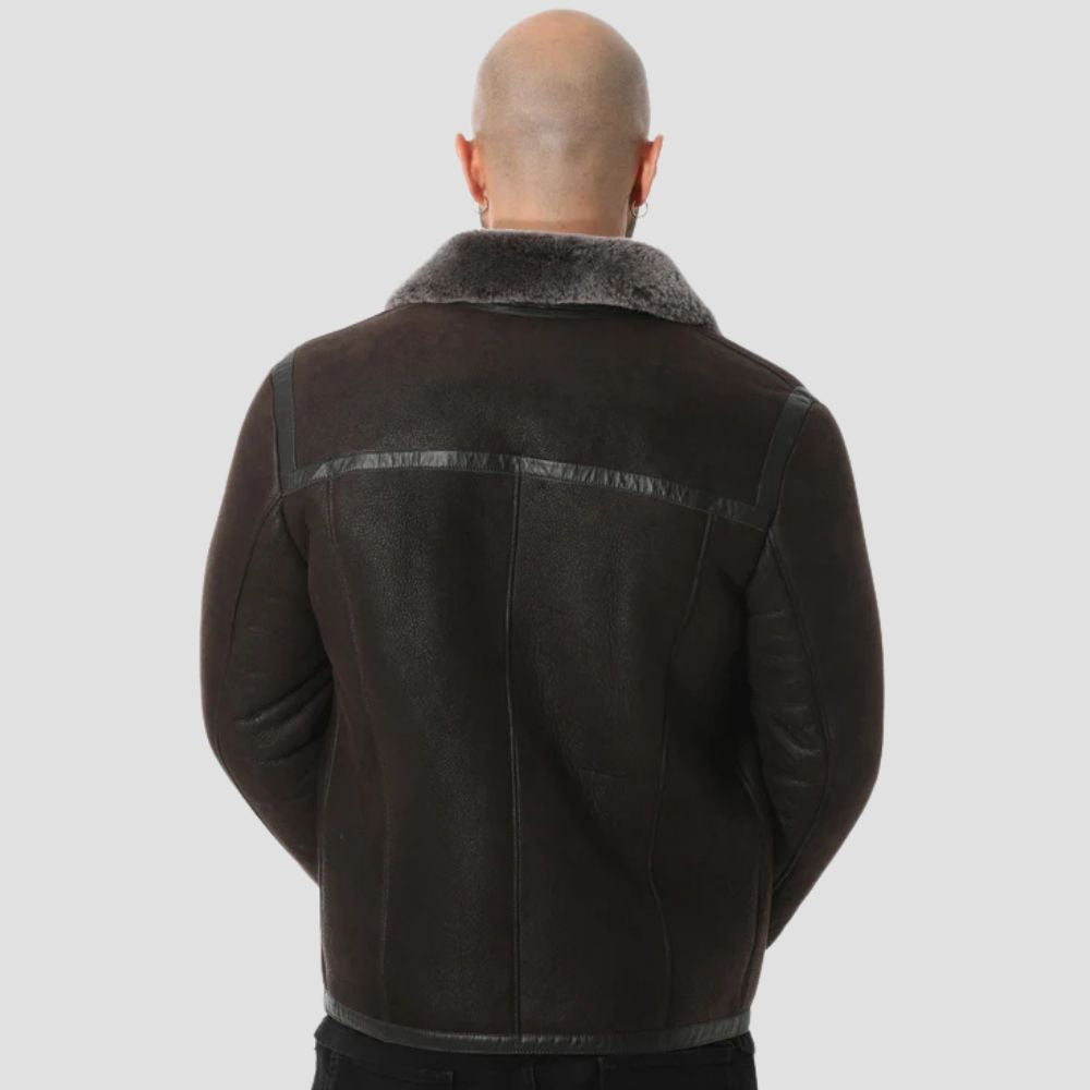 Men’s brown sheepskin leather aviator jacket with gray faux fur.