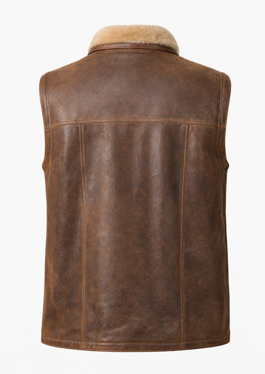 Stylish brown leather shearling vest with cozy lining