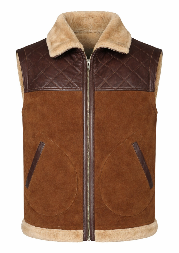 Brown quilted vest with fur collar for warm winter fashion