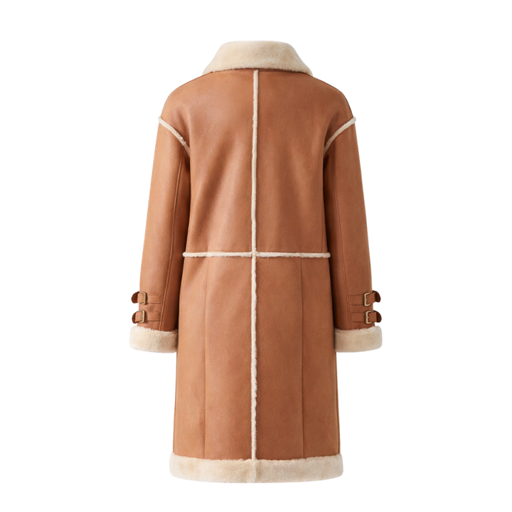 Tan brown leather shearling fur coat with genuine sheepskin lining and luxurious finish