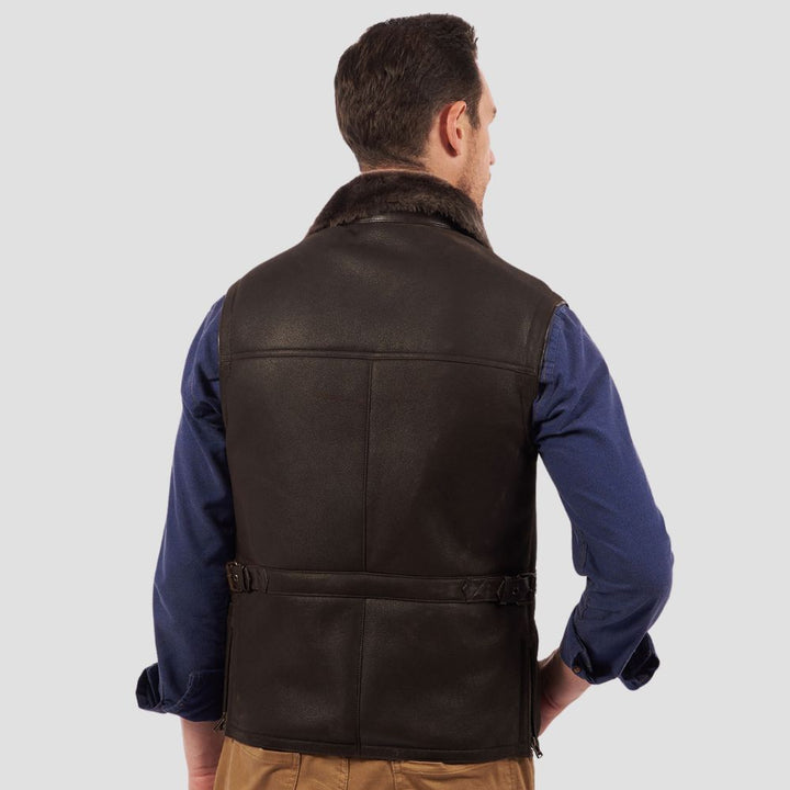 Men’s lambskin leather vest with warm shearling interior, perfect for layering.