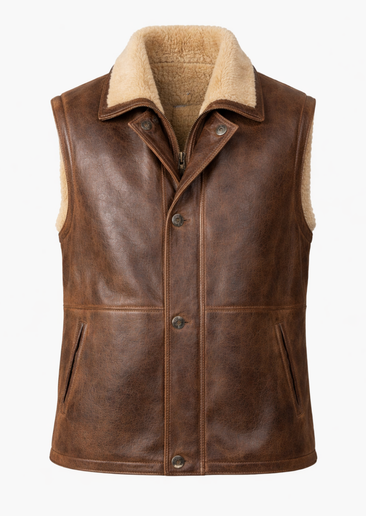 Brown shearling vest for warm winter fashion outfits