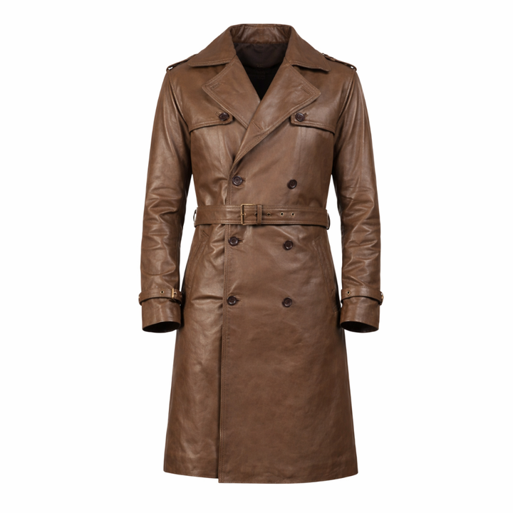 Stylish brown sheepskin leather duster coat for men