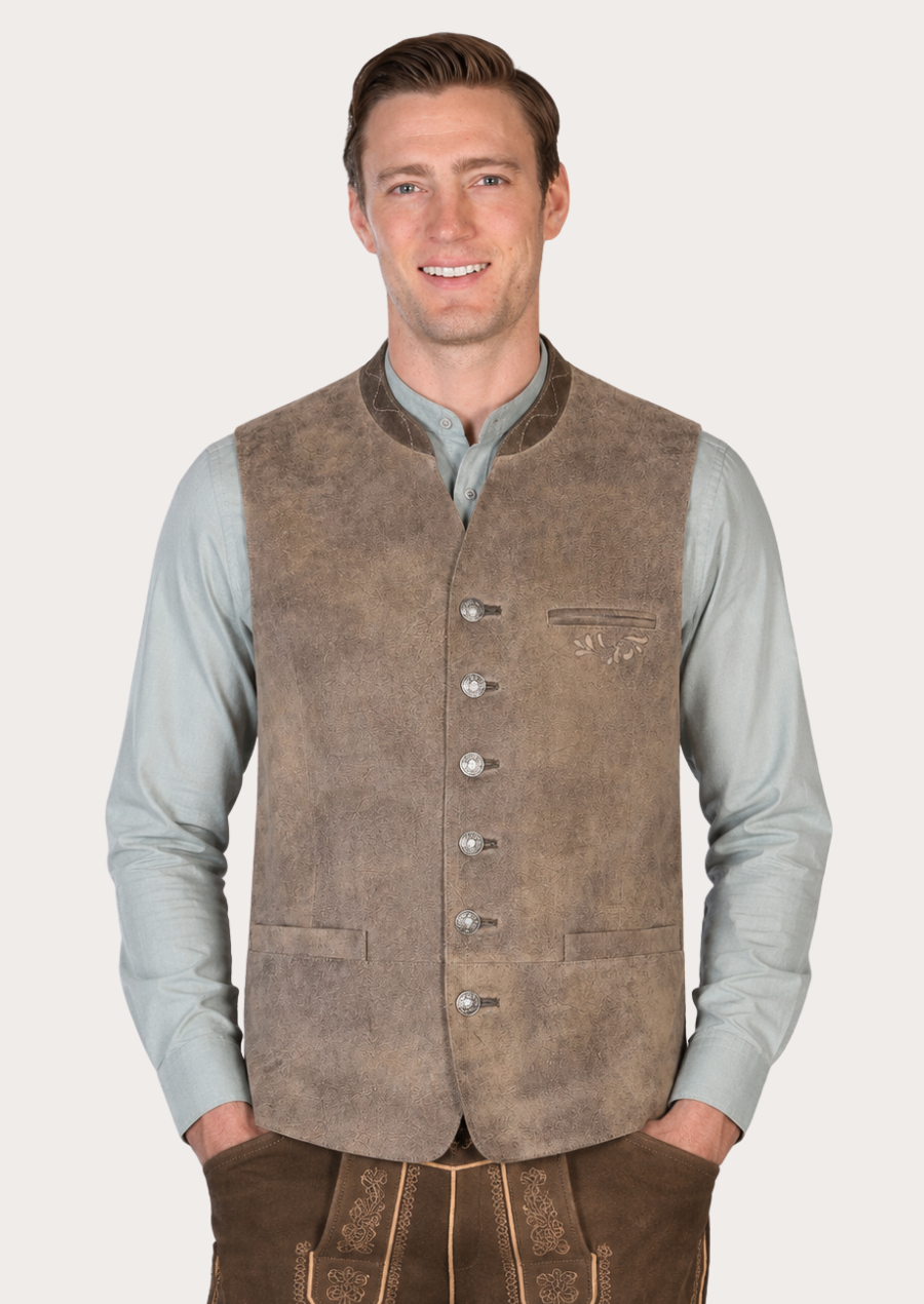 Brown sheepskin leather Trachten vest for men in traditional Bavarian style