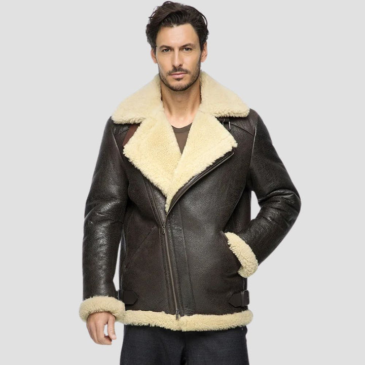 Genuine brown sheepskin aviator jacket with faux fur lining for men.