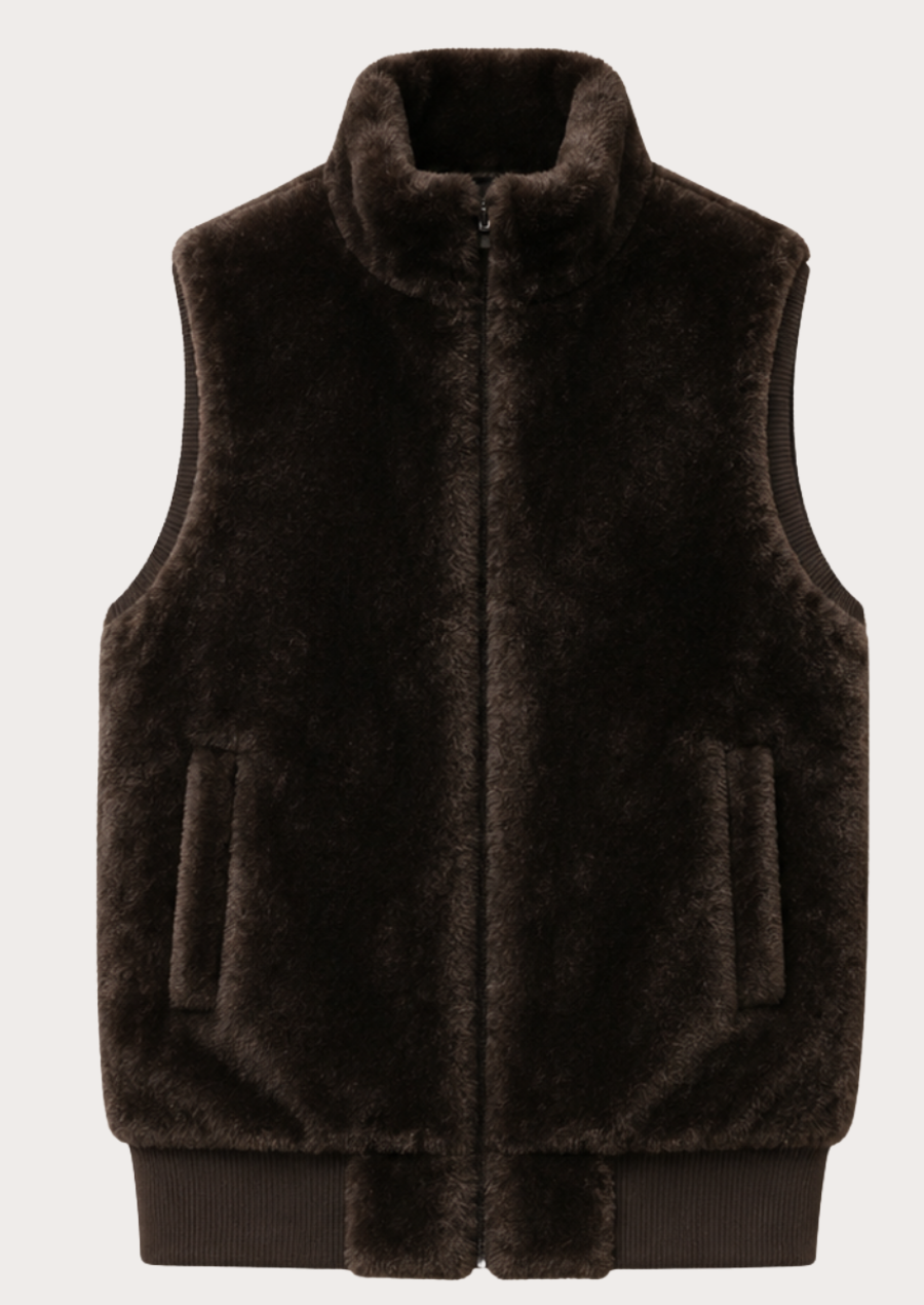 Brown sherpa winter gilet featuring a stand collar and side pockets for warmth
