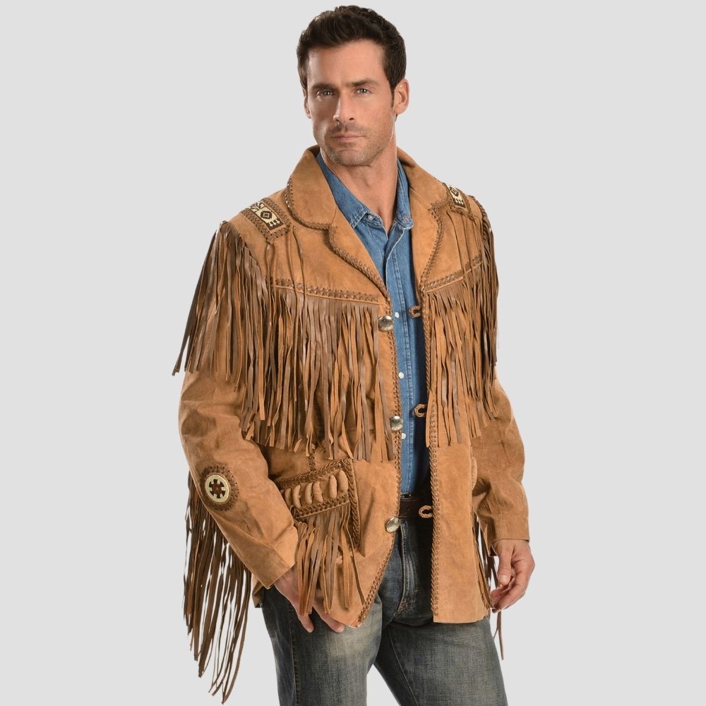 Stylish brown suede fringe jacket with a unique design for trendy outfits.