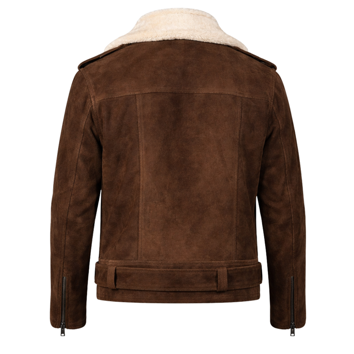  Tan brown suede jacket with faux fur collar and luxurious design