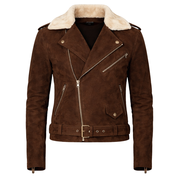 Brown suede jacket with fur collar for warmth and style